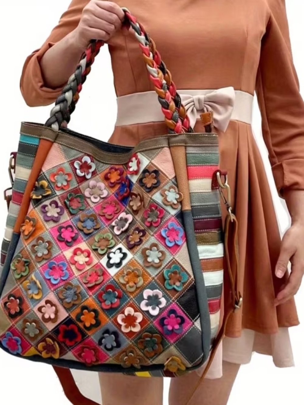 ♥️Multicolor Patchwork Floral Genuine Leather Shoulder Bag Large - Picture 5 of 12